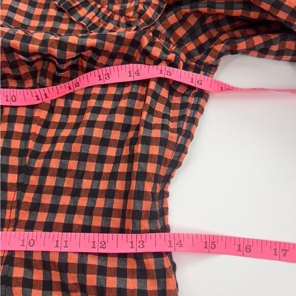 Ganni Iridescent Checked Seersucker Mini Dres Orange black sz 36 - Picture 8 of 11
